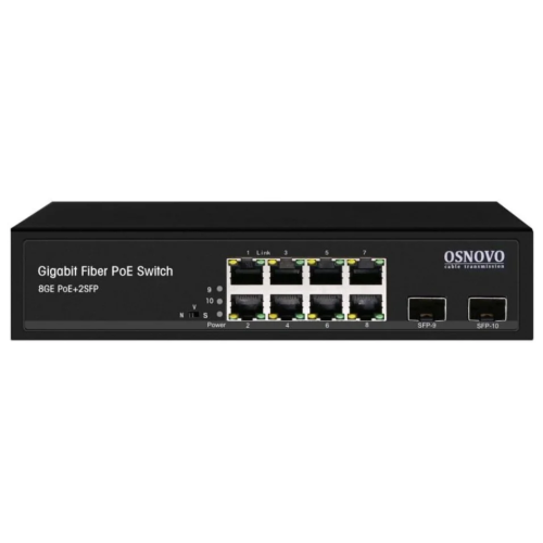 Коммутатор OSNOVO (SW-80802(150W)) Гигабитный PoE на 10 портов, 8 *10/100/1000 Base-T PoE, 2*SFP 1000 Base-T, PoE на порт до 30W, суммарно до 150W