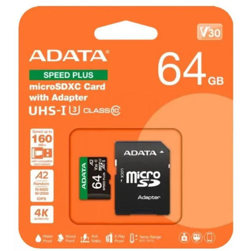Карта памяти A-DATA UD64GUI3V30A2SP-RA1 64GB microSDXC Class 10 UHS-I U3 V30 A2 160/140 MB/s (SD адаптер)
