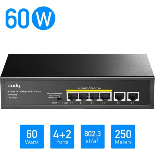 Коммутатор неуправляемый Cudy FS1006P (L2) 6x100Мбит/с 4PoE+ 60W