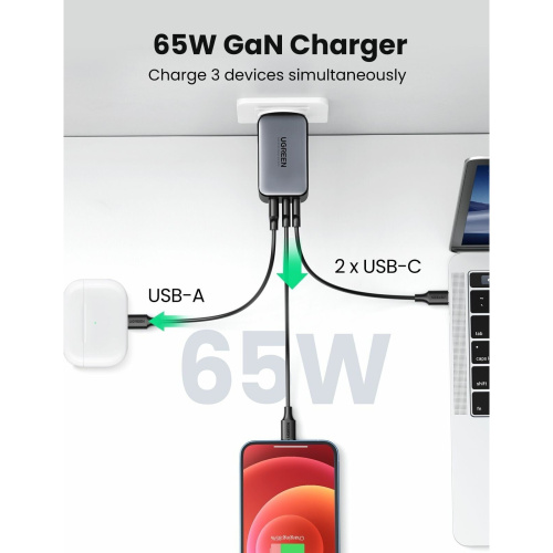 СЗУ Ugreen CD244 (10335) Nexode USB-A+2*USB-C 65W GaN Tech Fast Charger EU grey