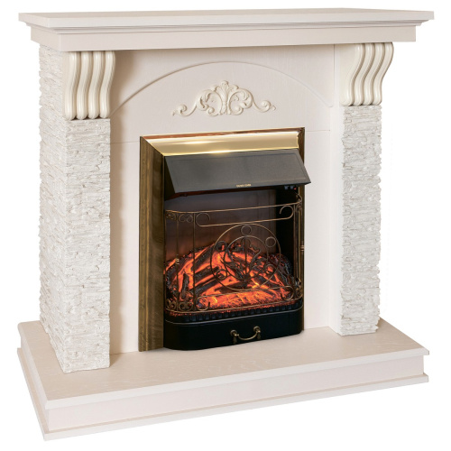 Электрокамин RealFlame Corfino WT айвори с очагом Majestic Lux Brass