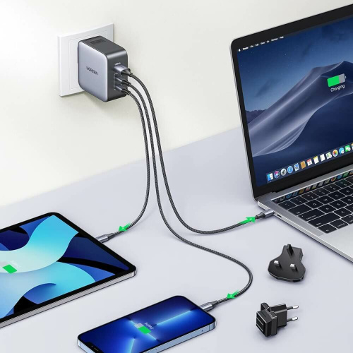 Зарядное устройство UGREEN CD296 (90409) USB-A+2*USB-C GaN 65W Fast Charger with Interchangeable Plugs Space Gray